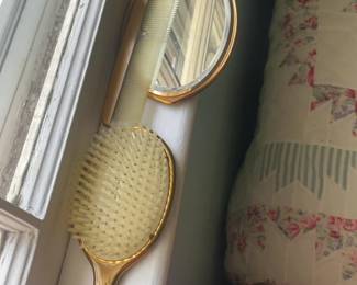 Vintage Gold Tone Hair Brush, Comb, and Mirror Vanity Set