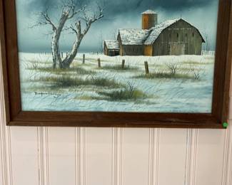 Vintage Framed Barn in Winter Landscape Oil Painting by Everett Woodson