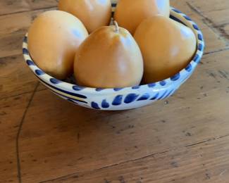 Set of 5 Decorative Wax Pears with Patterned Ceramic Bowl