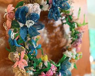 Very fine example of the vintage beaded flowers in a wreath. Spectacular example. They could be taken apart and used for another project as well...