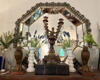 Ahhh… love that vintage mirror.  I will tell you that one of those birds is missing. You can ask me why when you see me :-) Having one is fine though! Honest!