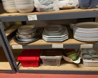 white ceramic plates, bowls. Oneida dinner forks and knives