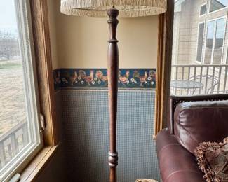 Antique wooden floor lamp with incredible handmade lace shade