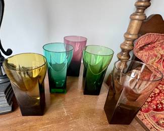 Mid century colored glassware barware