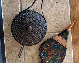 Popcorn popper basket and decorative fireplace bellows