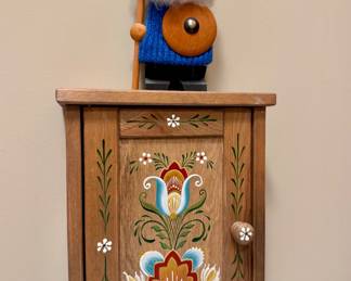 Scandinavian small wooden cupboard and Viking figurine