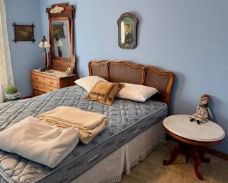 Eastlake dresser, marble top Victorian side table, French Provincial headboard 