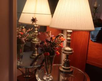 oval  glass  top table,  lamp