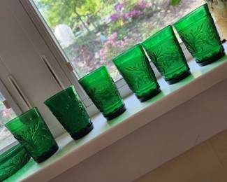 Vintage Anchor Hocking Sandwich Glass Forest Green Juice Tumblers-1950's-60's