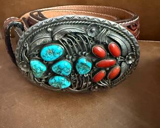 Sterling Coral & Turquoise Belt Buckle with Leather Belt