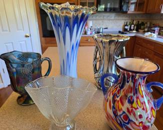 2 Murano glass vases, McCoy vase, Thousand Eye vase, carnival glass pitcher