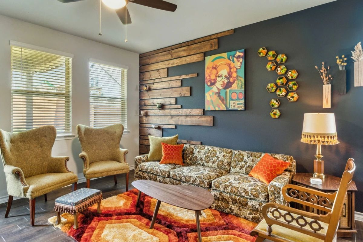 1970's Granny sofa, vintage wingback chairs, kidney bean wood and laminate coffee table, vintage wood, mustard velvet chair and wall art