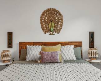 Vintage Burwood peacock, vintage Burwood rectangular wall  hangings- set of 3 (2 pictured), boho macrame lamps - new.