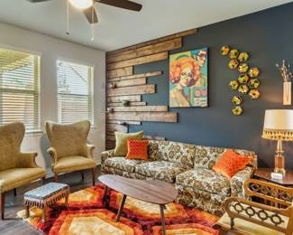 1970's Granny sofa, vintage wingback chairs, kidney bean wood and laminate coffee table, vintage wood, mustard velvet chair and wall art