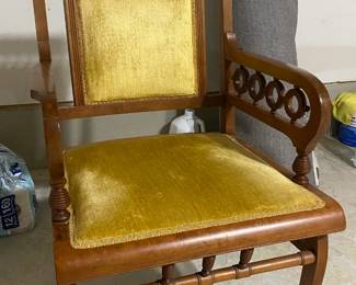 vintage wood and velvet accent chair