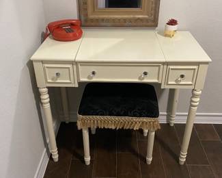 vintage painted vanity and recovered stool. 