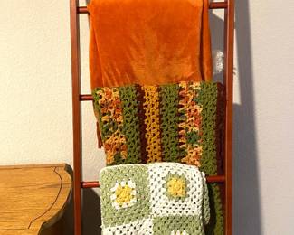 new and vintage crochet throw blankets and wood blanket ladder