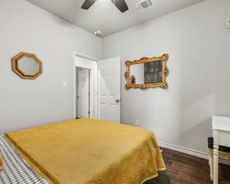 large vintage ornate mirror, queen sized bed, memory foam mattress 4 years old, solid wood bed with MCM wood headboard