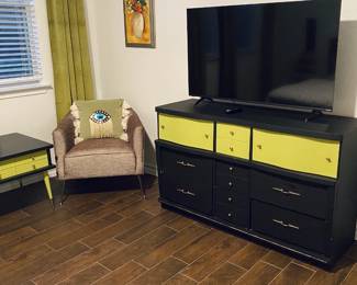 Vintage MCM painted table and dresser set,  TV,  accent chair- new