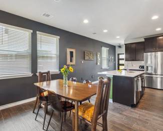 Wood MCM dining table, bamboo king and queen dining chairs with retro fabric seat cushions- set of 2, amber acrylic dining chairs- set of 4 chairs