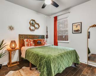 Vintage wood Indian headboard, solid wood queen bed frame, all bedding, memory foam mattress  2 years old, ukulele and macrame hanger, gold full length mirror. wood side table, metal rattan lamp