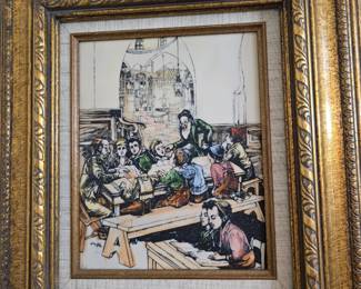 Vintage 19502 ivorine (Bakelite) etching titled "Boys Learning Torah" by Saul Raskins