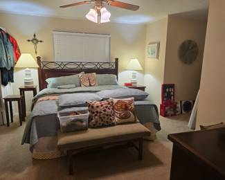 Queen bed - clean - headboard, mattress, box springs, bed frame and matching triple dresser with mirror. Large selection of linens and throw pillows, padded bench, Bassett nightstand