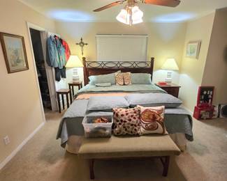 Queen bed - clean - headboard, mattress, box springs, bed frame. Large selection of linens and throw pillows, padded bench, Bassett nightstand