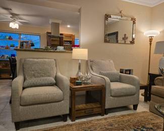 Nice pair of neutral chairs, 2 (of 4) Bassett side tables, antique floor lamp, mercury glass lamp, and beautiful mirror
