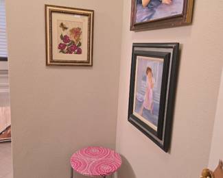 Colorful framed stitched art and original art by Shirley Katz (signed by artist)