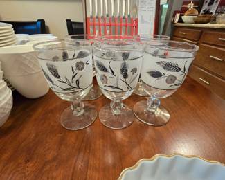MCM - Libbey frosted glasses with silver colored etched wheat & wildflower motifs.