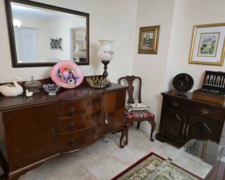 Antique buffet/sideboard, Kincaid solid cherry wood 2-door chest, large mirror, assorted artwork and more!