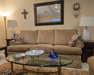 3-cushion sofa, pair of matching lamps on each side