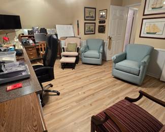 matching set of rocker/glider/swivel chairs, glider rocker with glider ottoman, high-backed desk chair with arms, and really nice maritime wall art