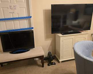 TVs large and small! Cute white shutter-front chest, upholstered bench and more!