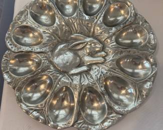 pewter rabbit, egg plate