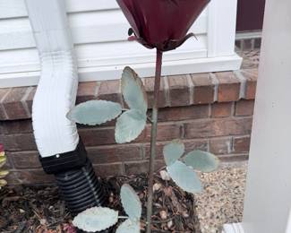 Red metal rose garden art