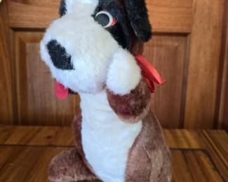Vintage Plush Dog with Red Ribbon