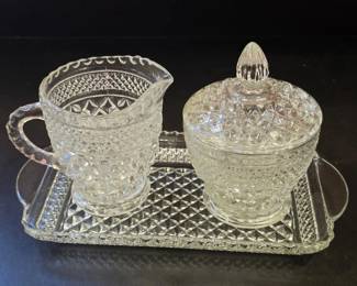 Pressed Glass Creamer Covered Sugar Dish with Matching Tray