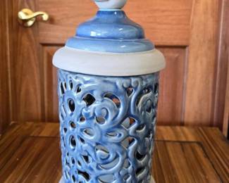Blue Ceramic Bird Lantern with LED Candle Insert