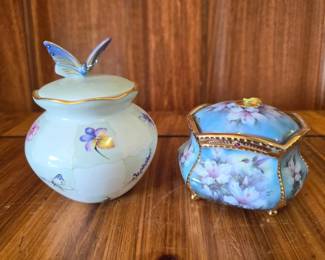 Pair of Porcelain Music Boxes HandPainted Floral Designs one with broken lid