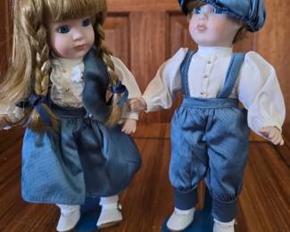 VintageStyle Blue White Boy and Girl Dolls Coordinated Pair