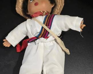 Vintage Rubberized Mexican Folk Doll with Straw Hat