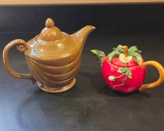Pair of Vintage Teapots Brown Glazed Apple Motif