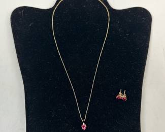 10K Gold Necklace & Earring Set With Pink Stones