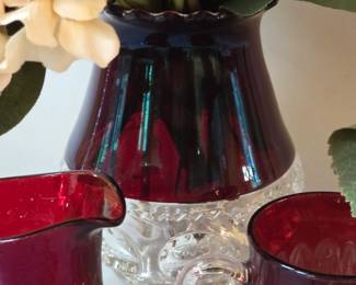 Antique glass souvenir cups, creamer and vase