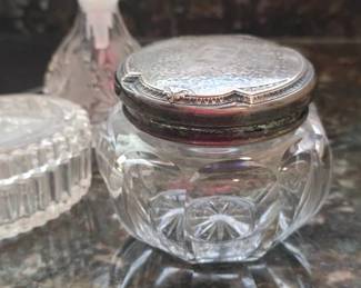 Sterling top dresser jar and glass perfume bottle