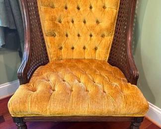 Mid-century accent chair, tufted gold velvet cushion and caned sides