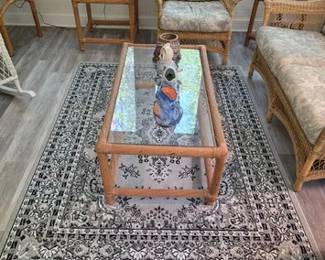 Area rug, wicker and rattan sunroom furniture