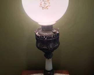 Antique electrified parlor lamp with metal and marble accents